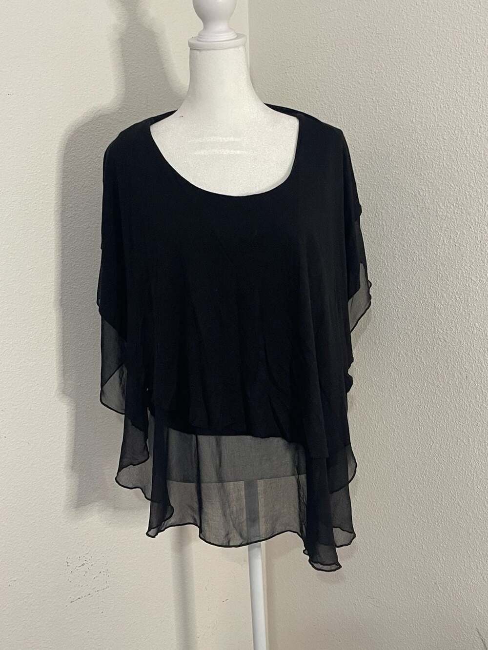 mark. Black Asymmetrical Chiffon Overlay Blouse Draped Poncho Top Medium